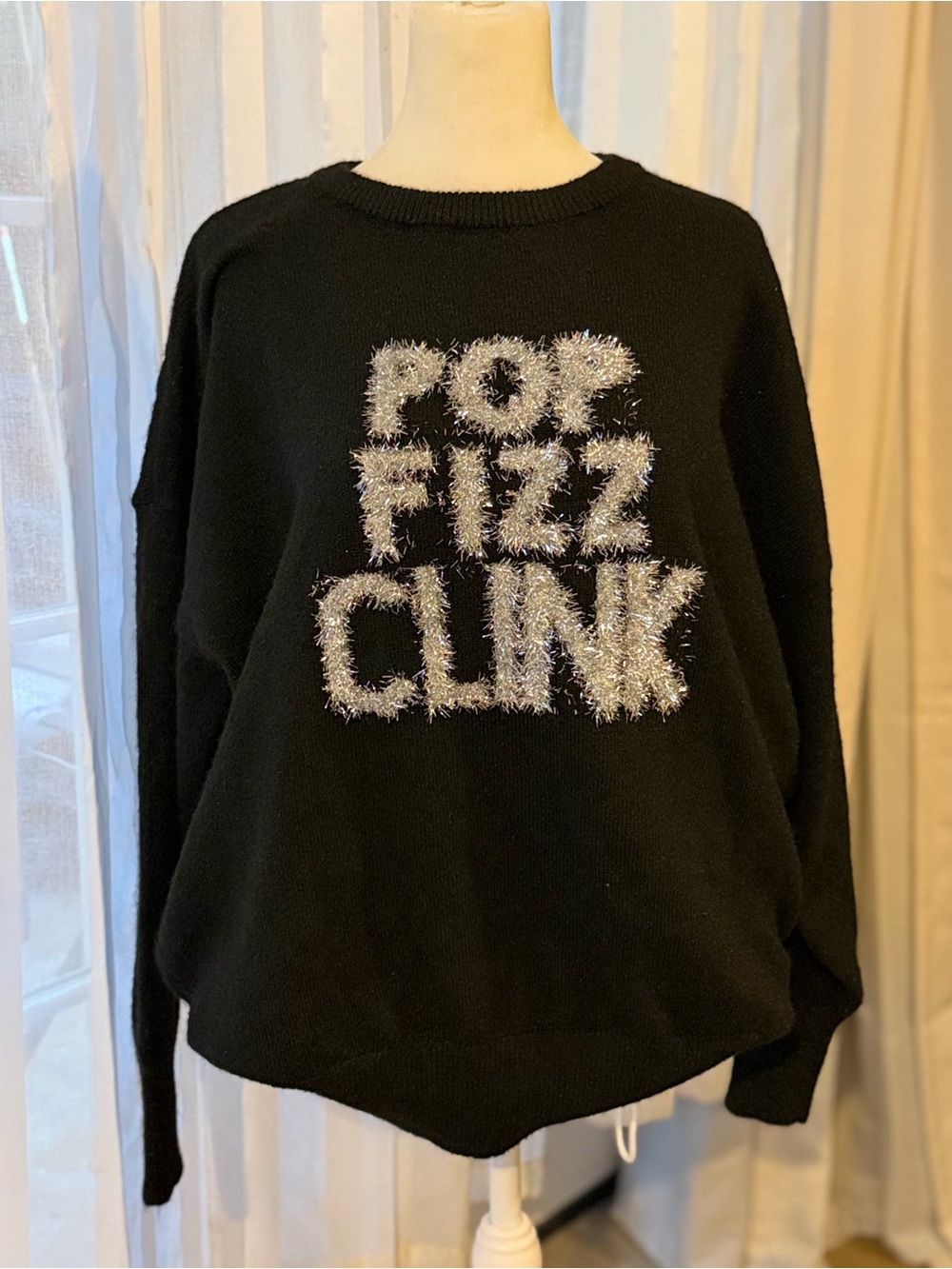 Cato Black Crewneck Sweater with Silver Tinsel Lettering